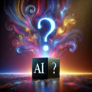 A conceptual representation of AI as a single black box with a large, glowing question mark hovering above it.