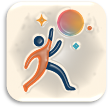 A person walking and moving the arms to the sky, while you can see a big sun (or moon, depending on how you interpret it). The person has two colors: blue and orange. Colors are used to emphasize the person's movement