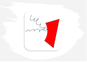 Geometrical figures in black, white, and red. The shapes vaguely resemble a mouth with curvy black lines geting out of it